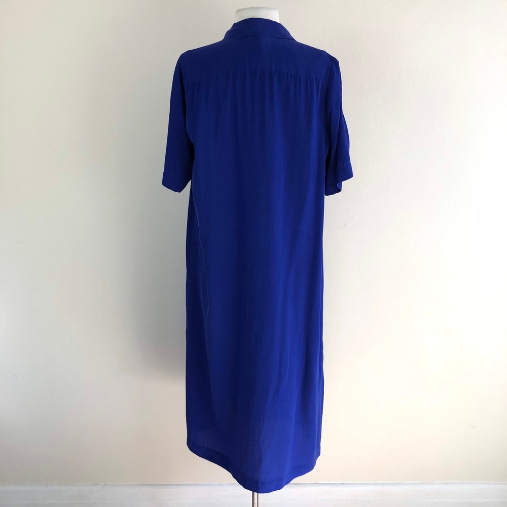 vintage 90s cobalt blue silk shirt dress midi double breasted minimalist - Picture 9 of 10